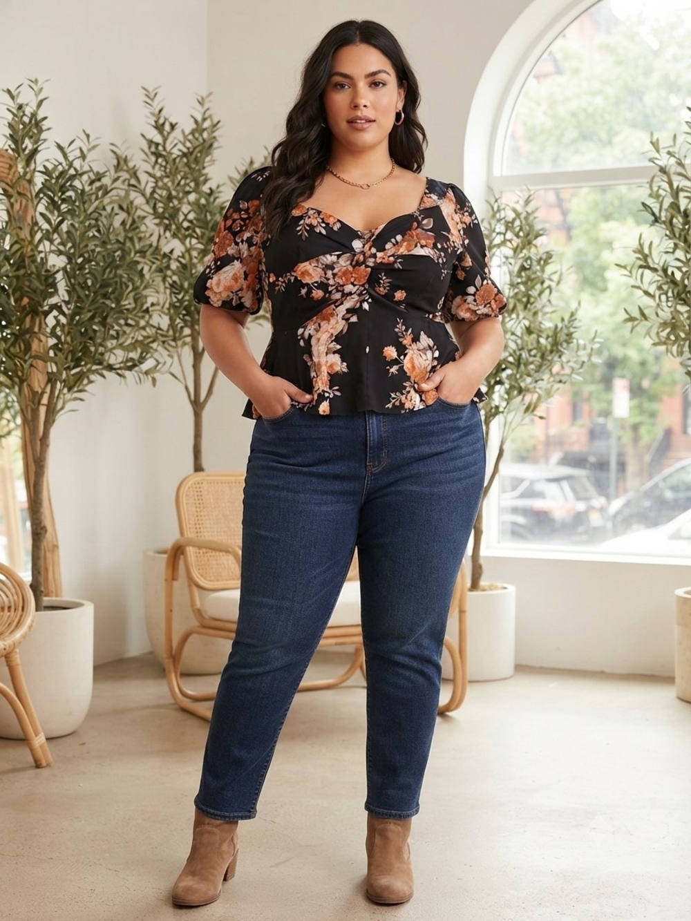 SHEIN Black Floral Twist-Front Peplum Blouse
